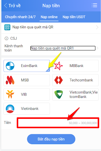 Điền số tiền muốn nạp